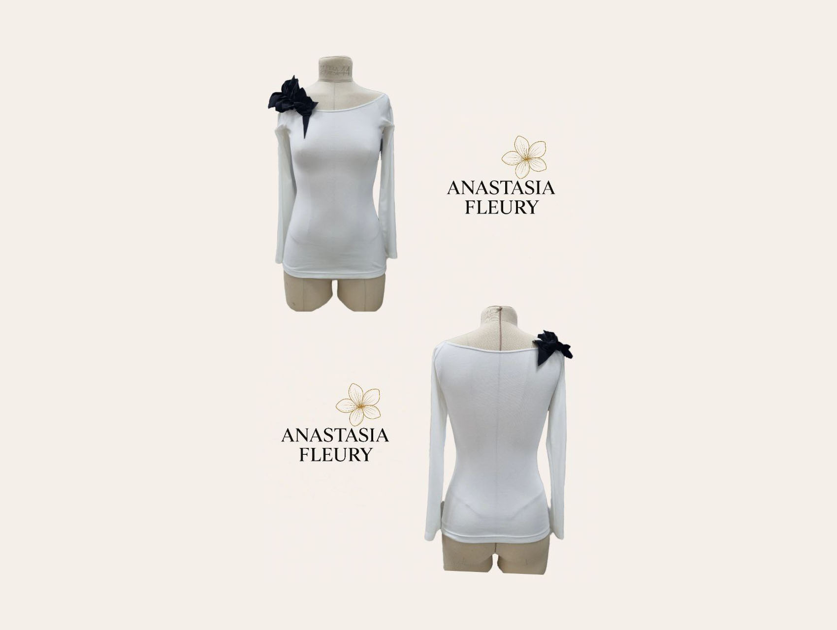 ЛОНГСЛИВ С ОТКРЫТЫМИ ПЛЕЧАМИ/ Молочный + чёрное перо